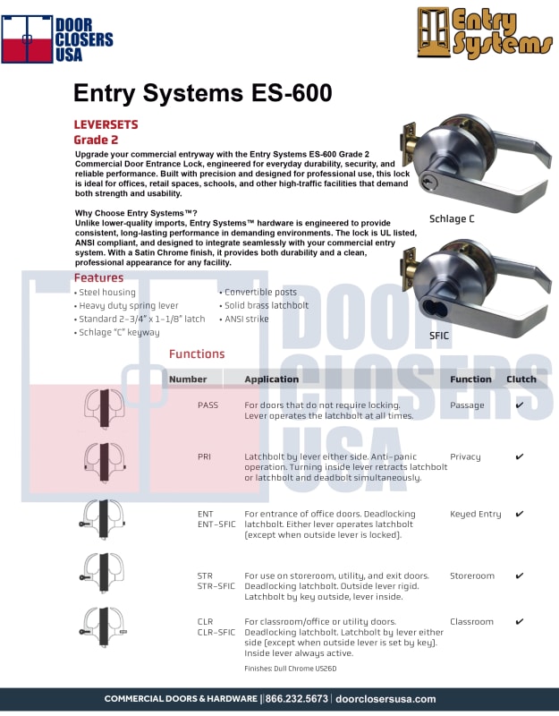 Entry Systems ES600 Cylindrical Lock Specifications