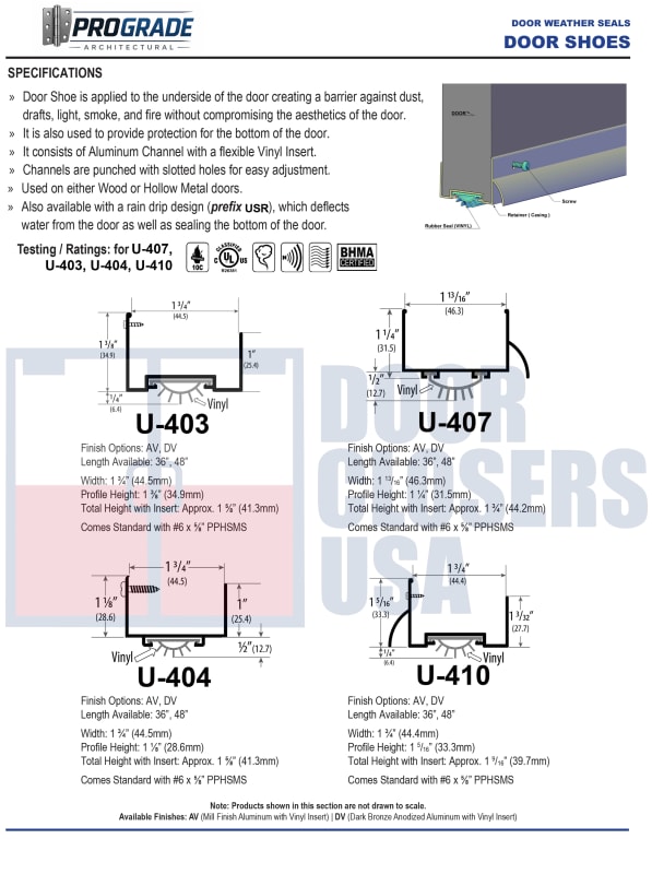 ProGrade Architectural U Series Door Shoe Specifications