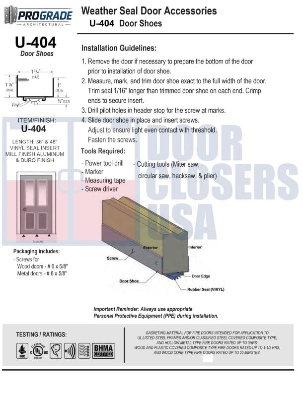 ProGrade Architectural U-404 Door Shoe Installation Instructions