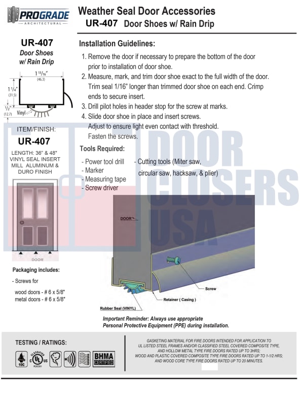 ProGrade Architectural UR-407 Door Shoe Installation Instructions