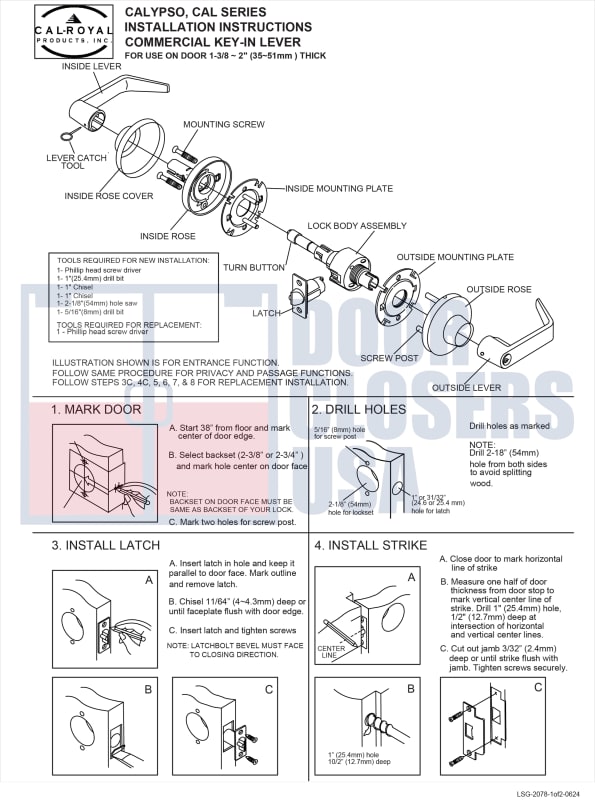 Cal Royal Grade 1 Calypso Lock Installation Instructions