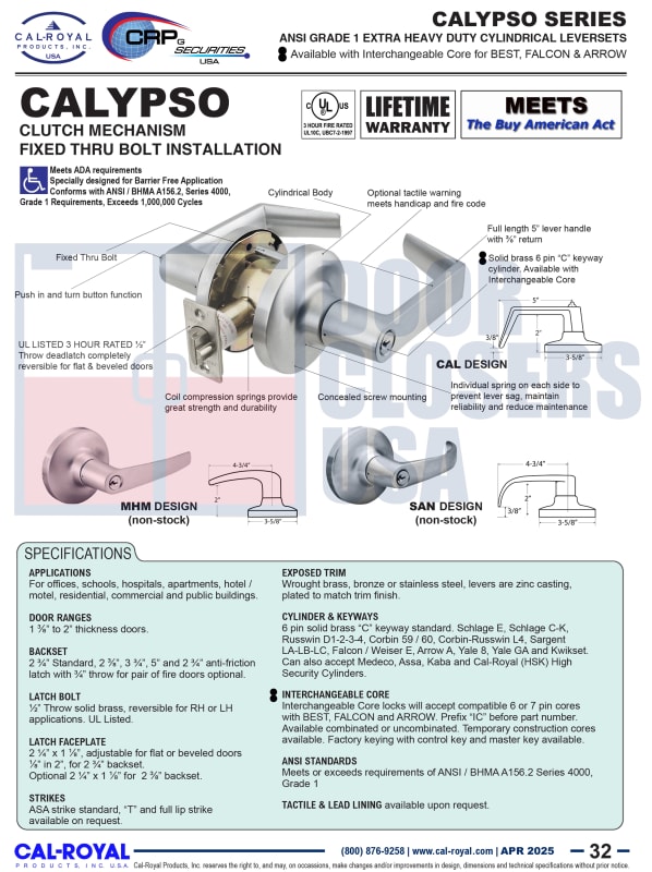 Cal Royal Grade 1 Calypso Lock Specifications