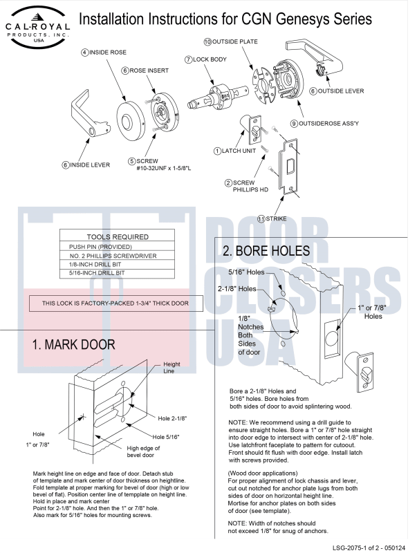 Cal Royal Grade 1 Genesys Lock Installation Instructions