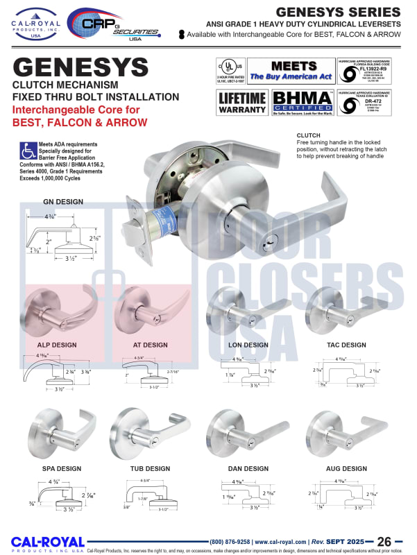 Cal Royal Grade 1 Genesys Lock Specifications