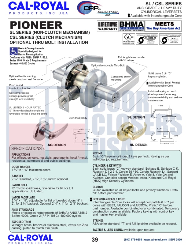 Cal Royal Grade 2 Pioneer Lock Specifications