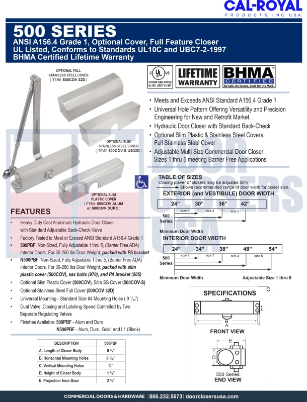 Cal Royal Grade 1 500 Series Door Closer Specifications