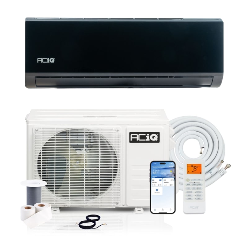 ACiQ Essentials K-32 outdoor condenser with black 12k wall unit