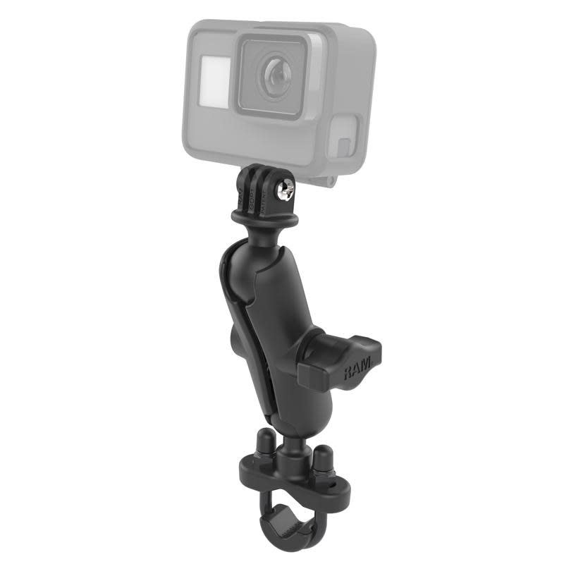 RAM-B-149Z-GOP1U U-bolt mount with double socket arm and custom GoPro adapter, fits 0.5"â€“1.25" rails, adjustable for optimal camera positioning.