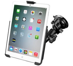 RAM-B-166-AP14U 3.3" Twist-Lock suction cup mount with double socket arm and EZ-Rollâ€™r cradle for Apple iPad mini, secure and adjustable.