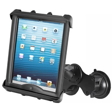 RAM dual suction cup mount with double socket arm and Tab-Tite cradle, holding a 10" tablet with heavy-duty case securely on a glass surface.