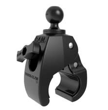 RAM Tough-Claw medium mounting base clamped on a rail, featuring a 1" B-size rubber ball for attachment to RAM double socket arms, ideal for phones, tablets, and cameras.