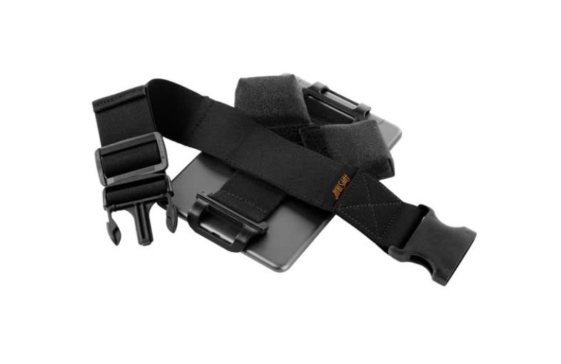 AppStrap 5(S) holding an iPad mini in an OtterBox case, with adjustable leg strap, tilt pads, and pen holder for stable angled use. AppStrap 5(S) holding an iPad mini in an OtterBox case, with adjustable leg strap, tilt pads, and pen holder for stable angled use.