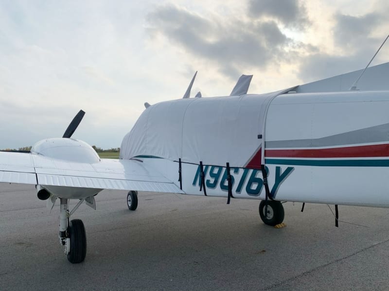 Beech Twin Bonanza B50 with Sunbrella Canopy/Nose and Engine Covers installed, including wing and stabilizer covers.