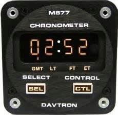 Davtron M877 deluxe digital aircraft chronometer displaying GMT, local time, and elapsed time for precise flight operations.