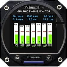 Insight G9 Engine Monitor showing color-coded EGT/CHT/TIT bar graphs with patented leaning guidance and real-time engine diagnostics.