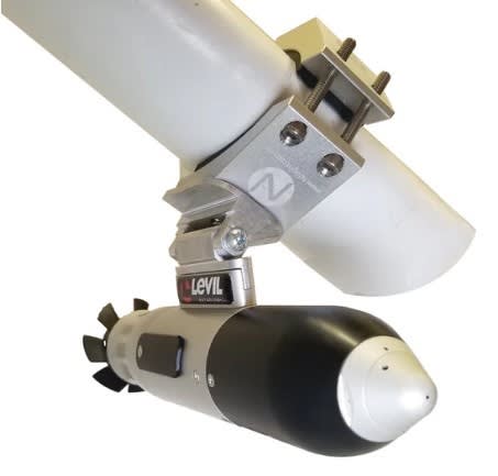 Universal strut mount with adjustable clamp and UV-resistant strap for securely attaching Levil BOM unit to aircraft struts.