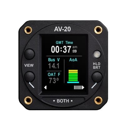 uAvionix AV-20 2-inch cockpit instrument with customizable 12-in-1 digital display, FAA-approved as a certified clock replacement.