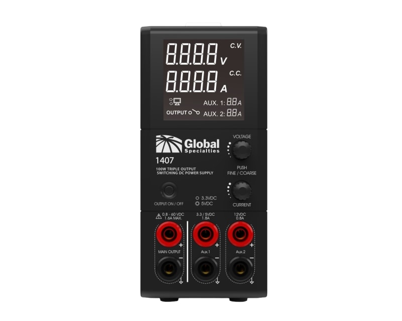 Global Specialties 1407 Fuente de alimentación CC conmutada de triple salida, 100 W, 60 V CC, 3 A, con aplicación para PC