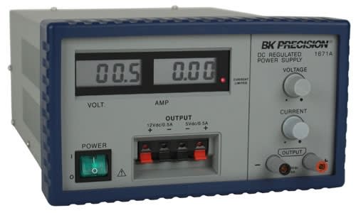 BK Precision 1671A,  Fuente de Poder de CD, 158.5 Watts, Triple Salida 0-30V @ 5A y dos salidas fijas de 12 y 5 volts @ 500mA, dos indicadores digitales de 3 ½ digitos