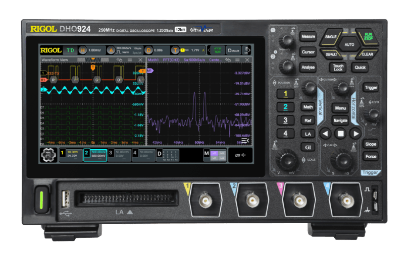 Rigol DHO924S, Osciloscopio Digital 4 Canales, 250MHz, resolucion de 12 bits, 1.25 GSa/s de muestreo, 50Mpts, incluye generador AFG y graficador BODE