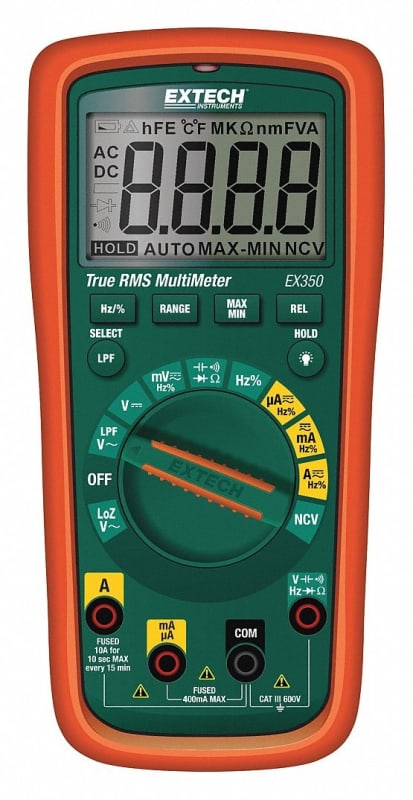 Extech EX350-NIST - Multímetro RMS verdadero de 11 funciones + NCV DMM profesional con detector de voltaje sin contacto, baja impedancia y filtro de paso bajo