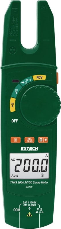 Extech MA160 - Pinza amperimétrica de mandíbula abierta de CA/CC de verdadero valor eficaz de 200 A con detector de tensión sin contacto integrado