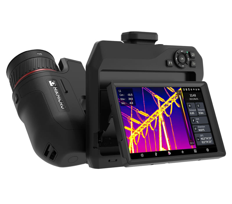 Hikmicro SP40-L6 Cámara Termográfica 480×360, 6×4.5, Auto/manual focus, NETD<30mk, 25 Hz, 8MP visible camera, -20~650C, ±2C/±2%, 64GB, 5'' 1280×720 LCD touch screen with 90 tilting,  LED light, Replaceable battery, HDMI, GPS, Wi-Fi, Laser range finder