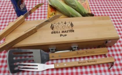 Personalised BBQ Grill Tool Set. Custom Engraved Wood Handle