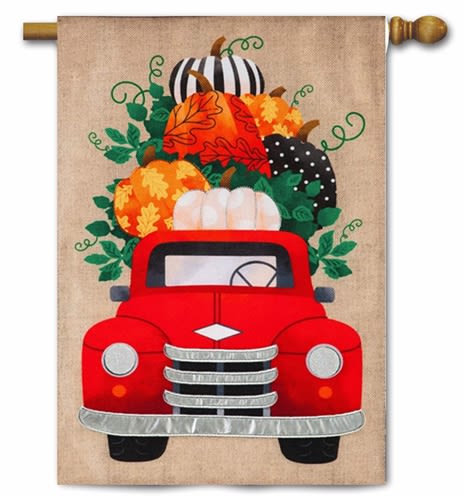 Fall Pumpkins Red Truck Burlap Garden Flag