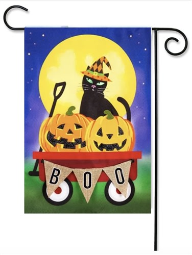 Black Cat Wagon Linen Garden Flag