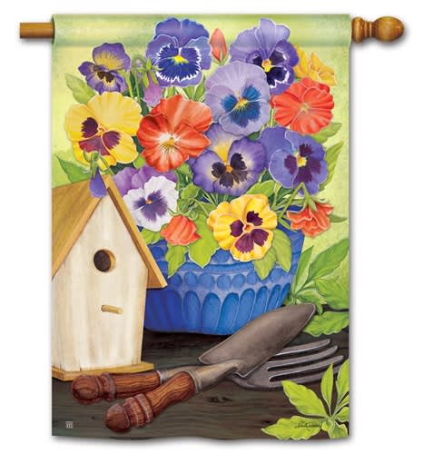Pretty Pansy and Birdhouse BreezeArt Standard House Flag