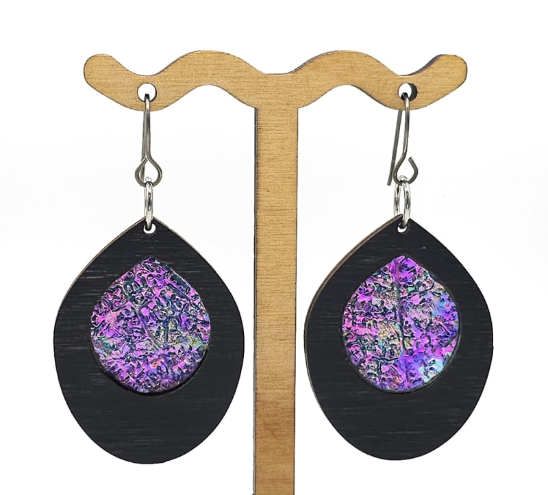 18g Earrings - Celestial Pink Dichro Inlay - Phat Teardrop - Ebony