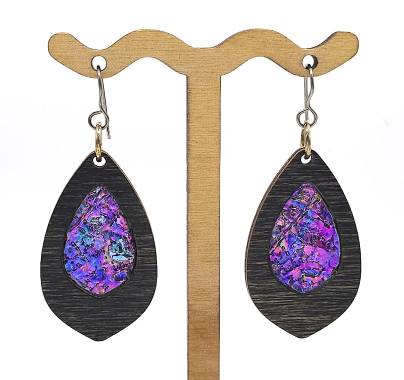18g Earrings - Celestial Pink Dichro Inlay - Pointed Teardrop - Ebony