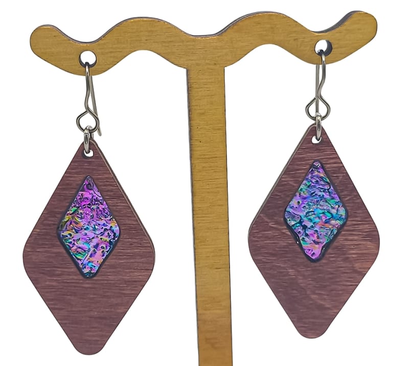18g Earrings - Celestial Pink Dichro Inlay - Diamond - Mahogany