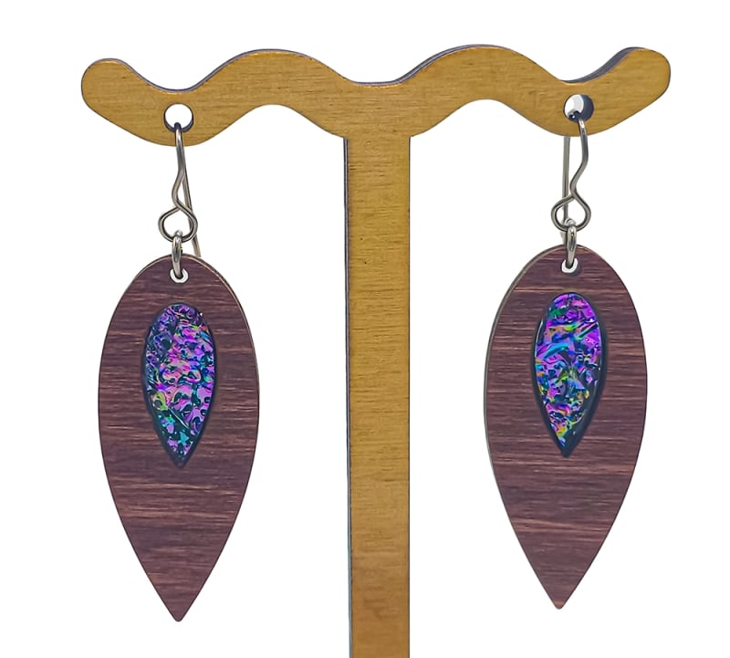 18g Earrings - Celestial Pink Dichro Inlay - Petal - Mahogany