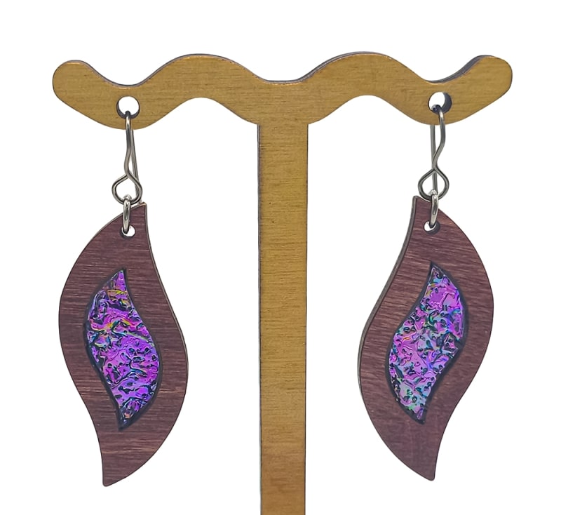 18g Earrings - Celestial Pink Dichro Inlay - Wave - Mahogany
