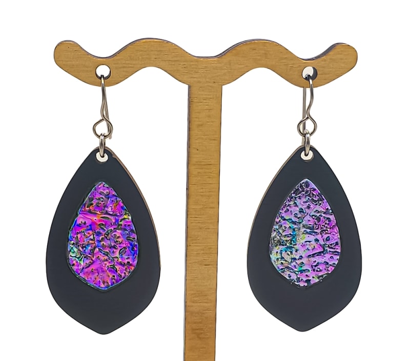 18g Earrings - Celestial Pink Dichro Inlay - Pointed Teardrop - Slate