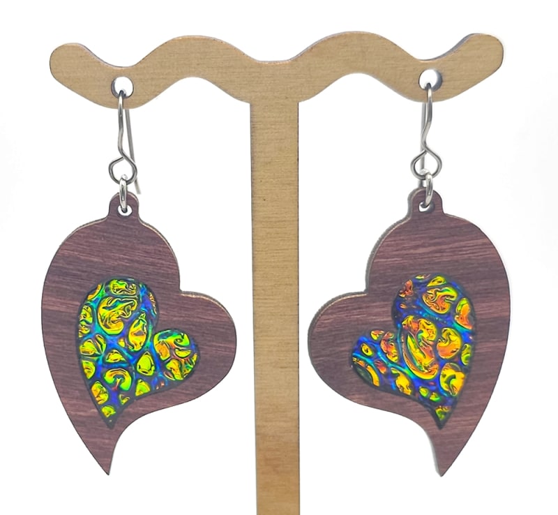 18g Earrings - Fire Starter Dichro Inlay - Heart - Mahogany