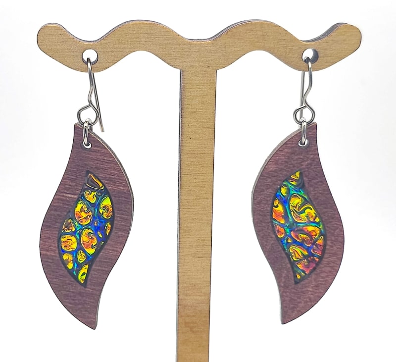 18g Earrings - Fire Starter Dichro Inlay - Wave - Mahogany