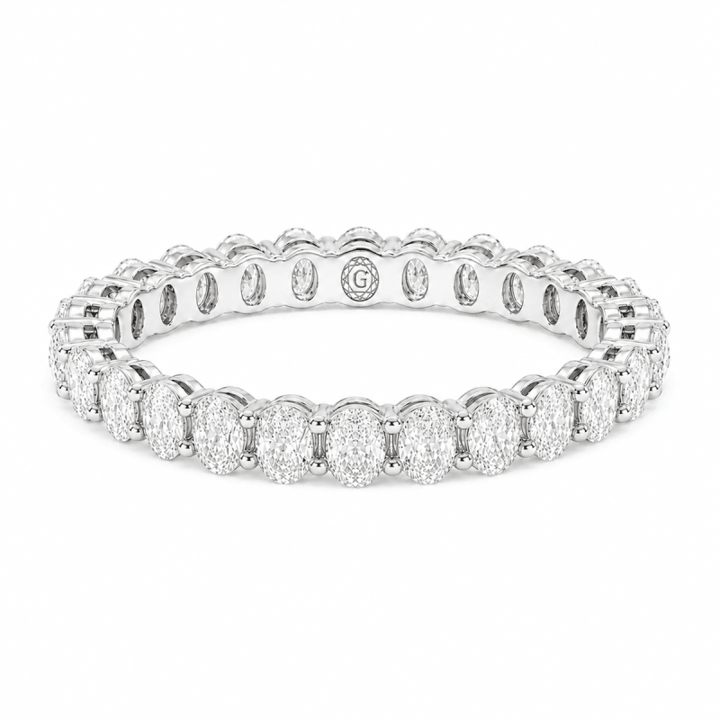 2 carat total oval lab-grown diamond eternity band with elongated oval diamonds worn on the ring finger 2 carat total oval lab-grown diamond eternity band with elongated oval diamonds worn on the ring finger
