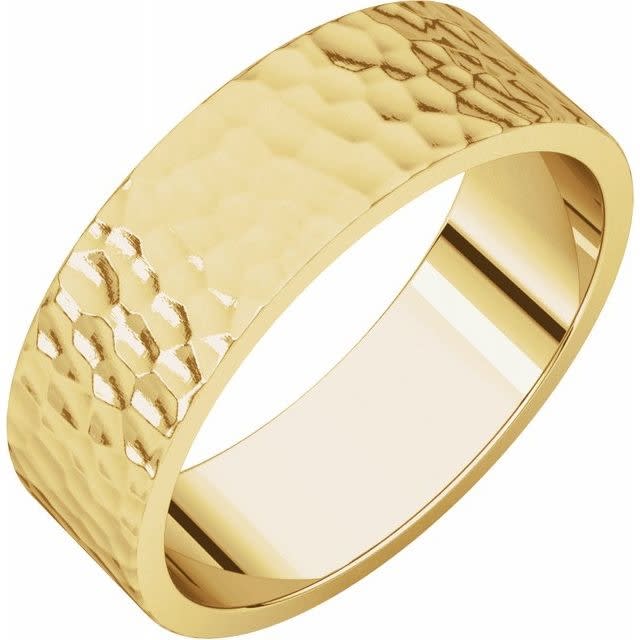 This 14k yellow gold hammered men's wedding band is available in either white, yellow or rose gold.