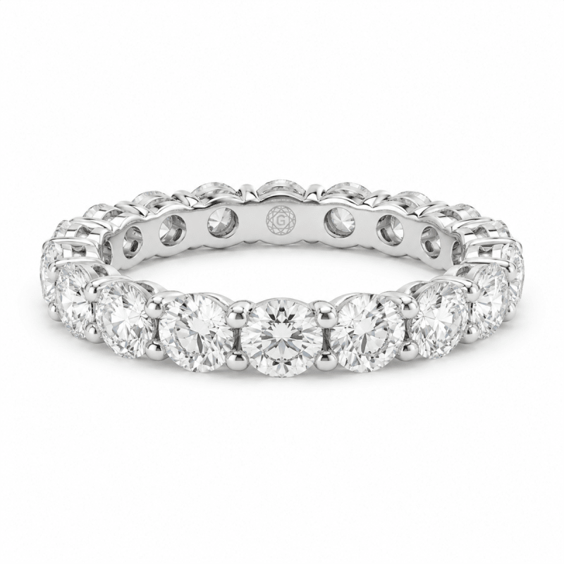 6 carat round lab-grown diamond eternity band with 0.40 carat diamonds in a common-prong setting 6 carat round lab-grown diamond eternity band with 0.40 carat diamonds in a common-prong setting