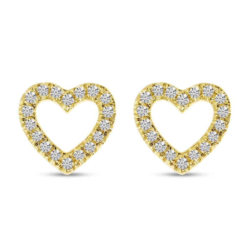 These 14k yellow gold diamond heart stud earrings feature round brilliant diamonds