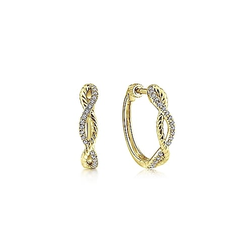 This pair of 14k yellow gold diamond hoop earrings features 0.11 carats of diamond shine.