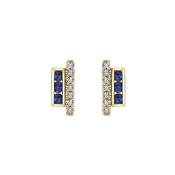 This 14k yellow gold diamond stud earring partners with sapphires.