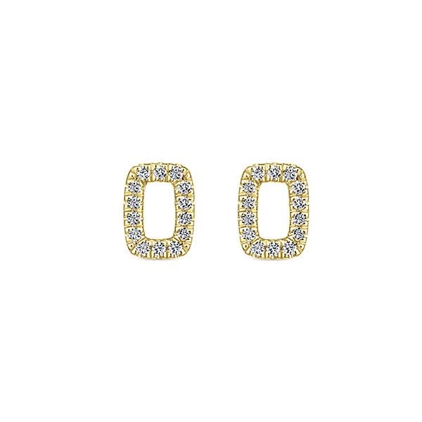 This 14k yellow gold pair of diamond stud earrings feature a rectangle shape.