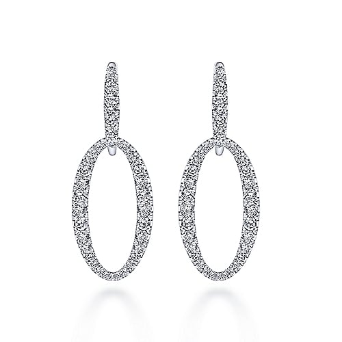 This 18k white gold pair of diamond drop earrings feature 1.74 carats of diamond shine.