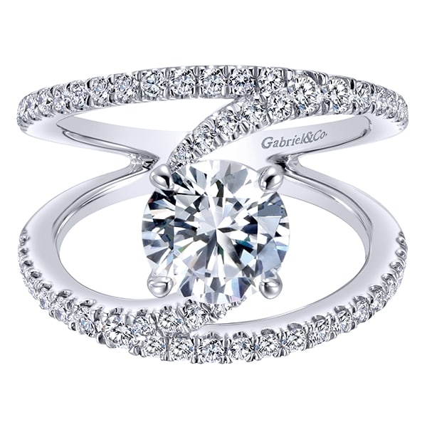 A wonderfully artistic and uniquely designed split shank diamond engagement ring avaialble in whtie gold or platinum, this engagement ring was craftily designed by Gabriel & Co. A wonderfully artistic and uniquely designed split shank diamond engagement ring avaialble in whtie gold or platinum, this engagement ring was craftily designed by Gabriel & Co.