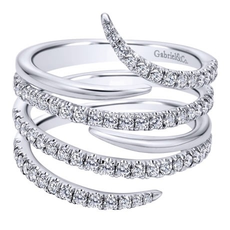 Watch as 14k white gold band spirals intertwine with rows of round brilliant diamonds in this fantastic 14k white gold diamond snake fashion ring. Watch as 14k white gold band spirals intertwine with rows of round brilliant diamonds in this fantastic 14k white gold diamond snake fashion ring.