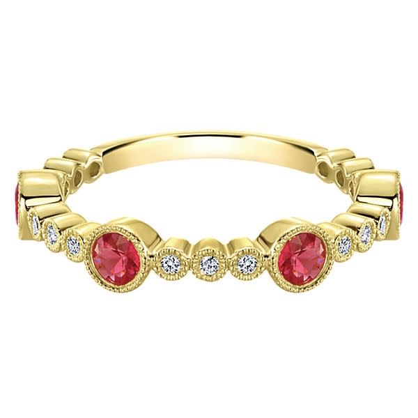 14k yellow gold ruby and diamond stackable ring.